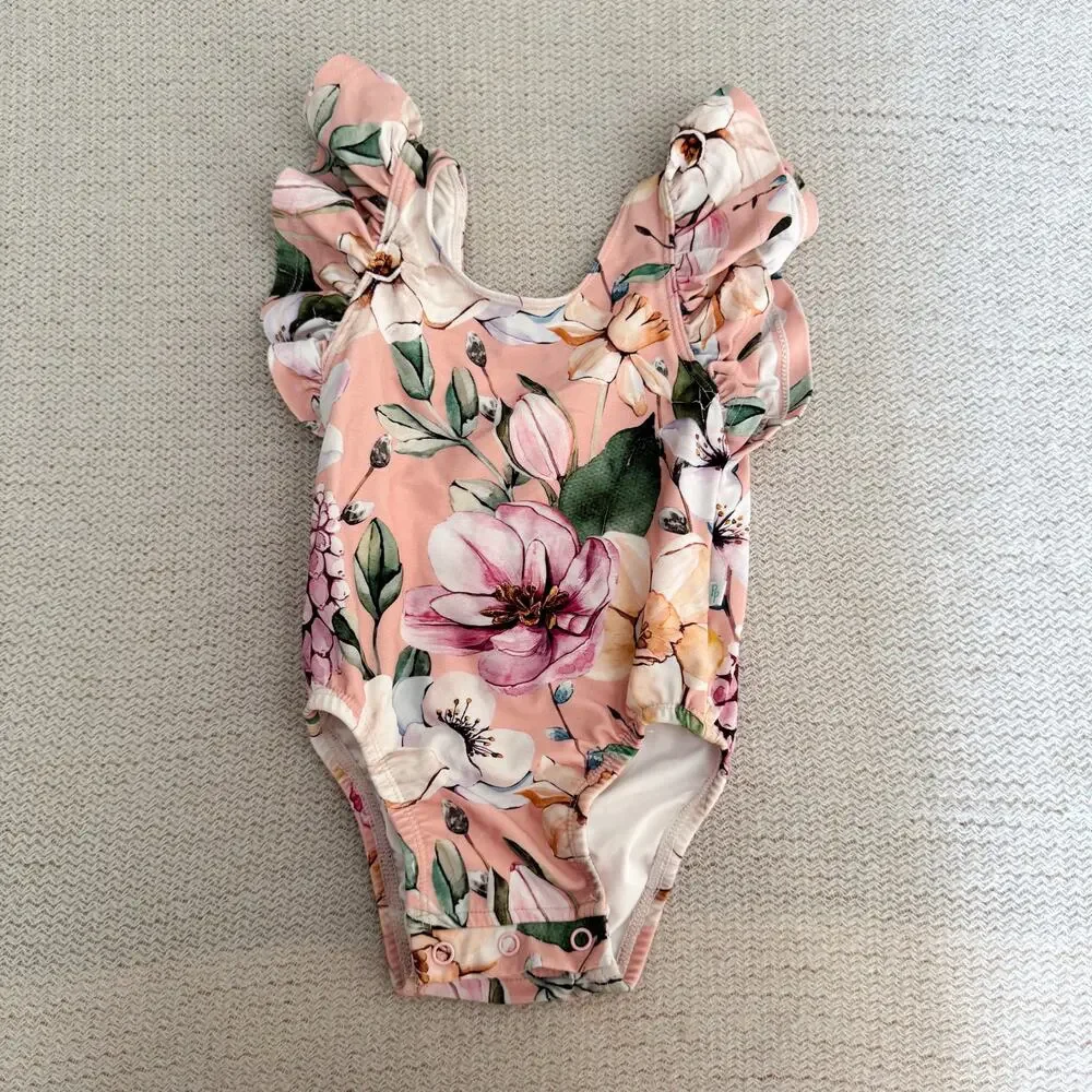 Posh Peanut Pink Floral Print Margot Ruffle One Piece Swimsuit - 12 to 18 Months